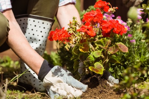 Safe landscaping crew managing waste and site hazards